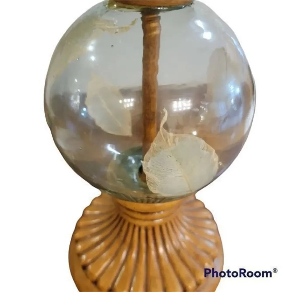 Vintage Wooden and glass‎ candle holder with leaves inside 13 in tall